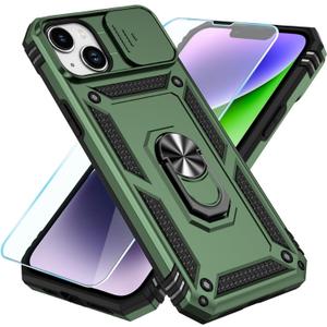 SunStory Compatible with iPhone 14 Plus Case with HD Screen Protector & Slide Camera Cover & Rotated Ring Kickstand, [Military-Grade] Phone Case for iPhone 14 Plus (Army Green)