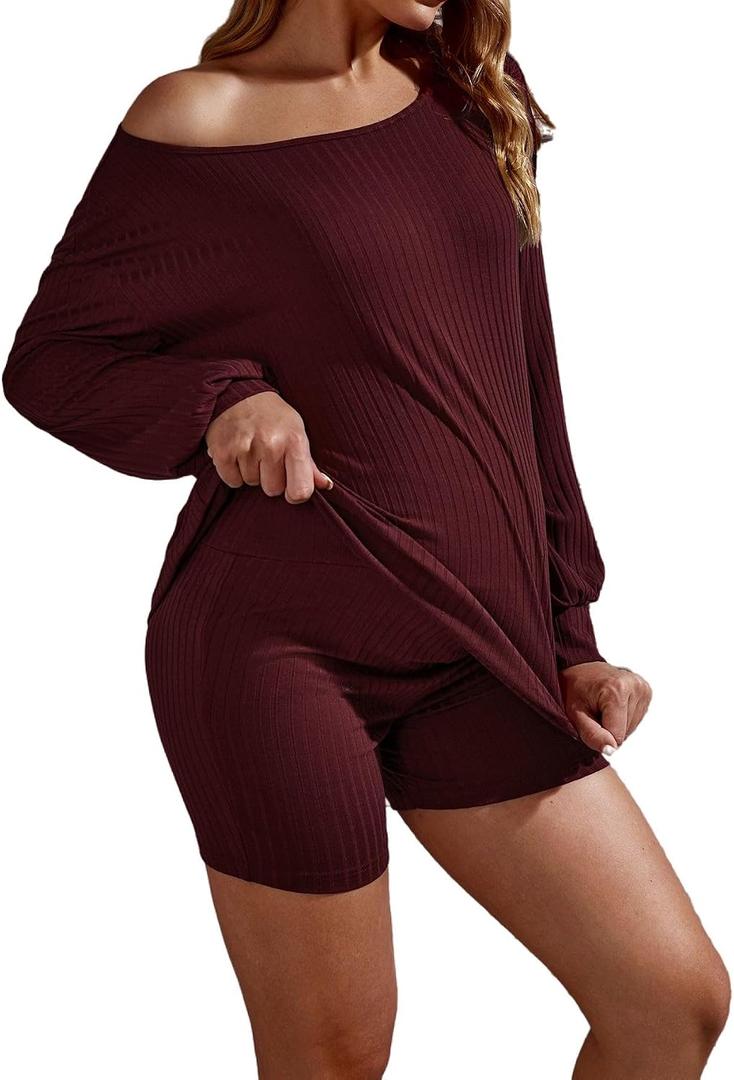 WDIRARA Women's 2 Piece Outfits Ribbed Short Sleeve Drop Shoulder Tee and Shorts Set Maternity Medium, Maternity Maroon