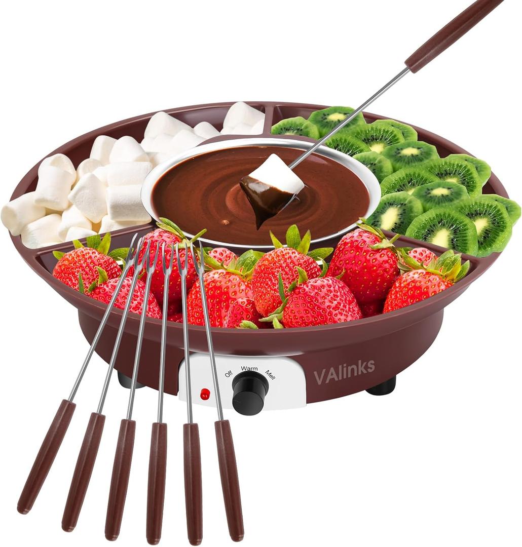 Electric Chocolate Melting Pot Chocolate Fondue Pot Set 3-Section Serving Trays with 6pcs Dipping Forks Perfect for Housewarming Christmas Party Gifts (Brown)