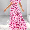 PRETTYGARDEN Women's 2026 Summer Boho Maxi Dresses Floral Short Sleeve V Neck A Line Tiered Flowy Long Beach Vacation Dress (White Pink Floral)