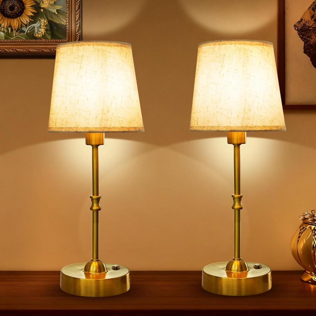 Cordless Table Lamp Set of 2 Rechargeable, 4000mAh Battery Operated Bedside Lamp with Fabric Shade, 3000K Stepless Dimming Touch Control Wireless Lamp for Dining Room, Nightstand (Gold)
