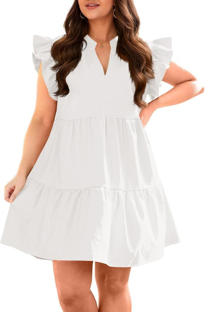 Fisoew Plus Size Dresses for Women Summer Ruffle Short Sleeve V Neck Dress Tiered Swing A Line Babydoll Mini Dress (XX-Large, White)