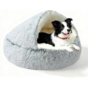 Calming Dog Bed Fluffy Plush Pet Bed Under 35 Pound，Large Cave Bed Washable Non-Slip Cat Nest Pod Windproof，Cozy Indoor Cave for Kitten Dog Non-Slip Bottom (L-31.5in)