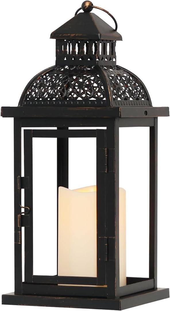 DECORKEY No Glass Lanterns Decorative Indoor & Outdoor, 15'' Candle Lantern Decorative Christmas Indoor Outdoor Decor, Vintage Metal Hanging Lanterns with LED Candle for Patio, Front Porch,Yard, Table (Large)