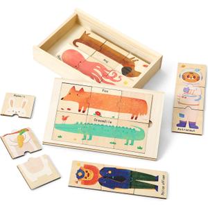 Wooden Animal & Career Matching Puzzles for Ages 3+, Chunky Pieces with Storage Box, Montessori Preschool Learning Toy for Fine Motor & Vocabulary, Birthday