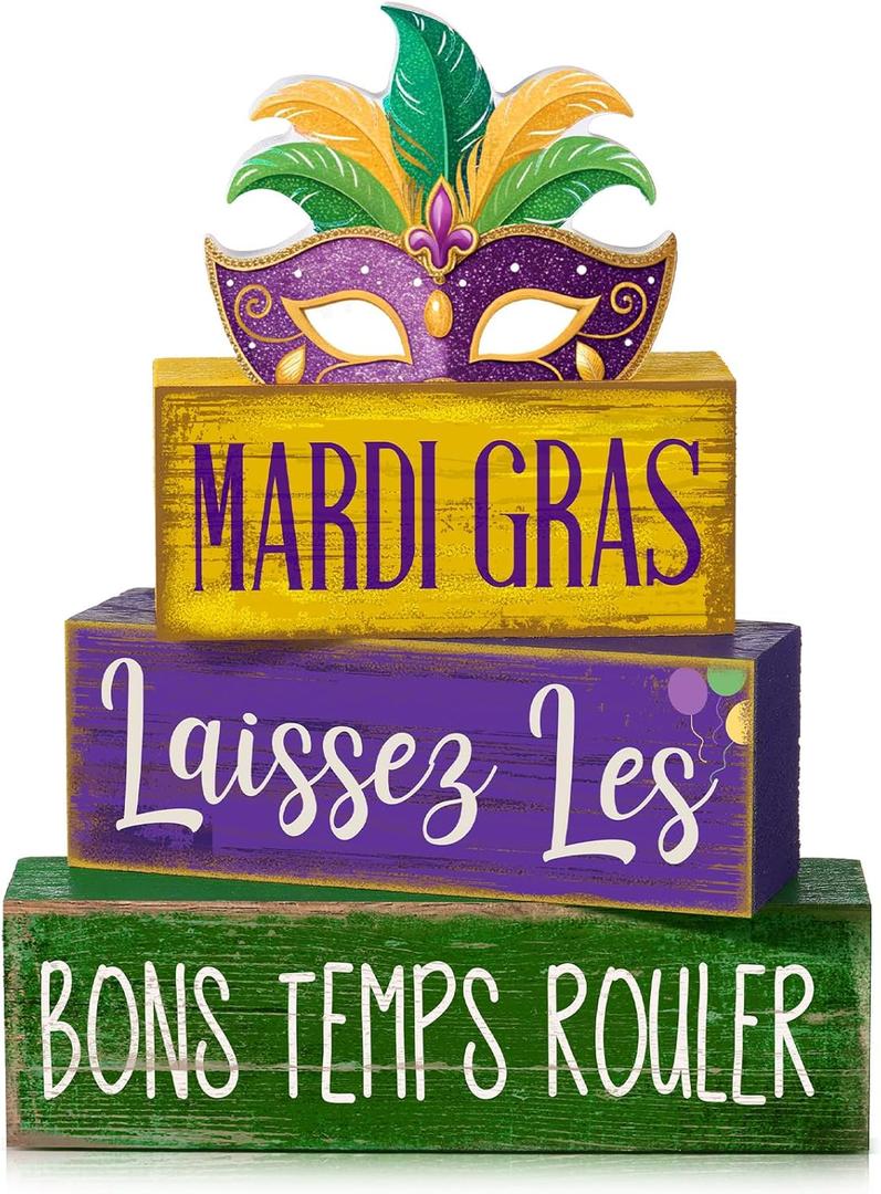 4 Pcs Mardi Gras Table Decorations Wooden Mask Purple Golden Green Carnival Tiered Tray Decor Mardi Gras Centerpieces Decorative Mask Block Signs Gifts for Masquerade Party Home Kitchen