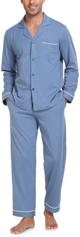 CF Mens Pajamas Set 100% Cotton Sleepwear Button Down Pj Sets Long Sleeve Lounge Set Soft Nightwear with Pockets & Front Fly Size M