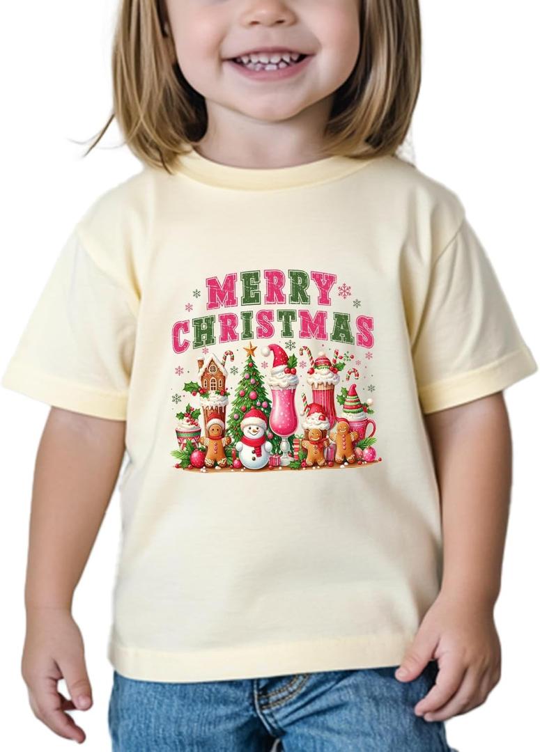 Boys Christmas Shirt for Kids Girls Toddler Ugly Funny Xmas T-Shirt Short Sleeve Cotton Tee Top 2-8 Years (Cream Merry Christmas)