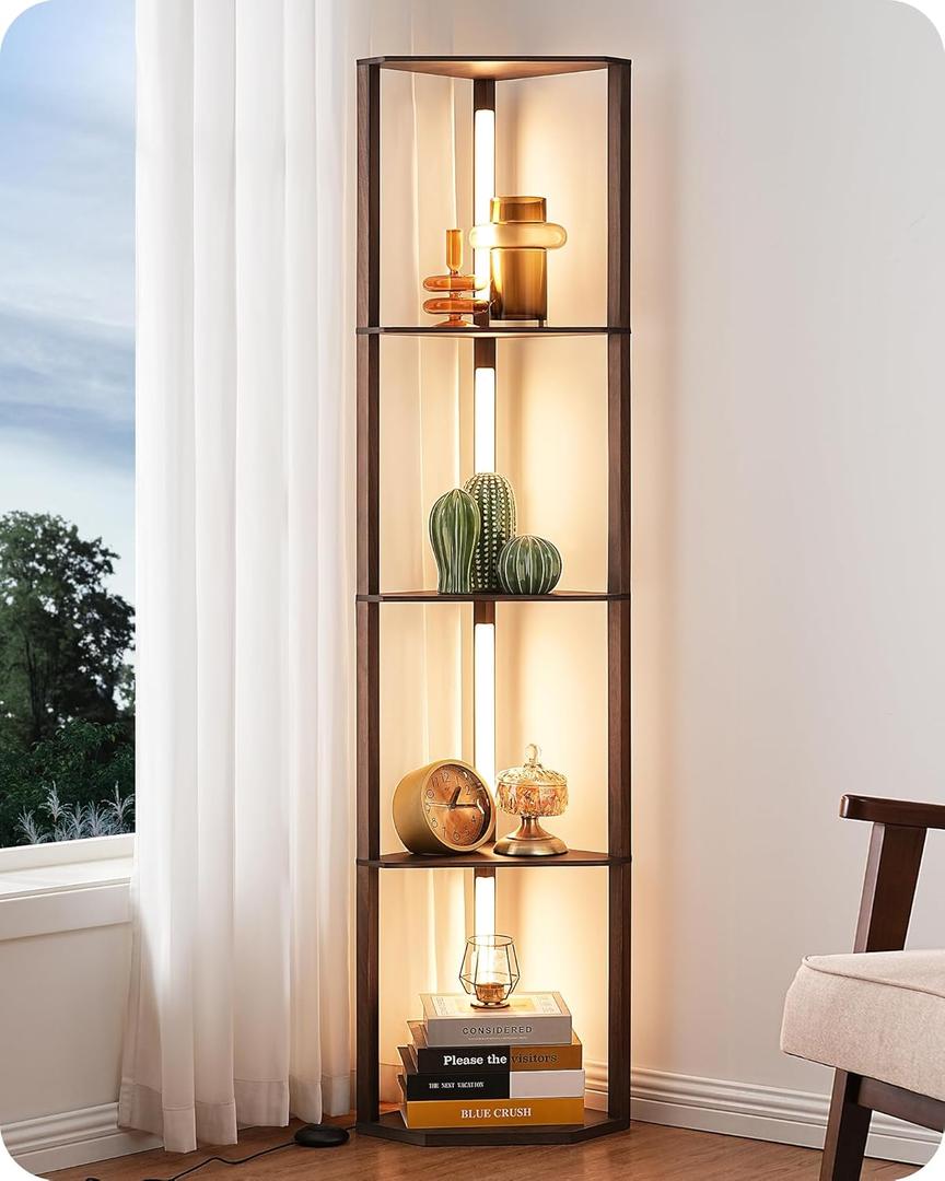 EDISHINE 64" Corner Shelf Floor Lamp for Living Room, Modern LED Corner Light with Shelves, 3CCT, Stepless Dimmable Tall Floor Light for Bedroom, Office, Dining Room, 3000K 4000K 5000K, Walnut Color