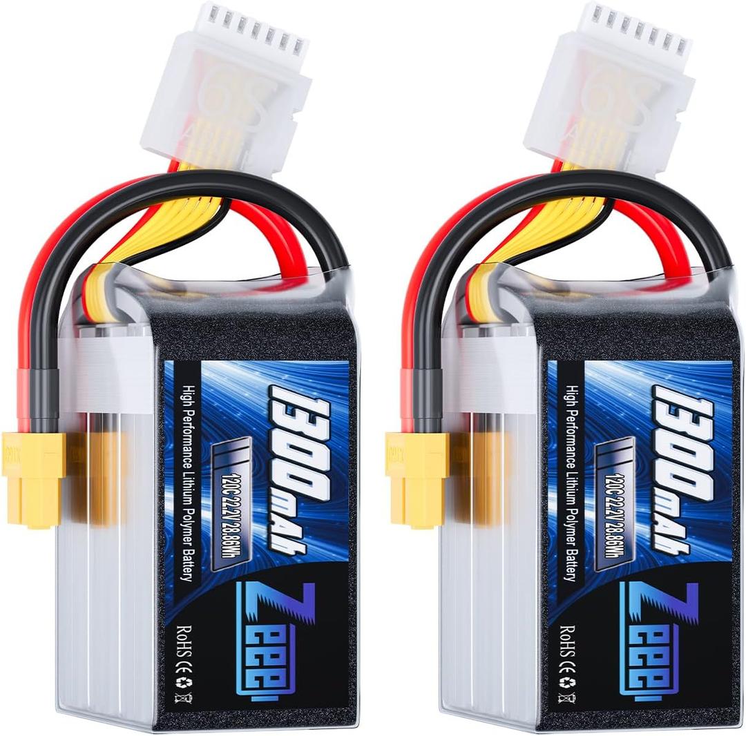 Zeee 6S Lipo Battery 1300mAh 22.2V 120C with XT60 Plug RC Graphene Battery for FPV Drone Quadcopter Helicopter Airplane RC Boat Car Racing Models(2 Pack)