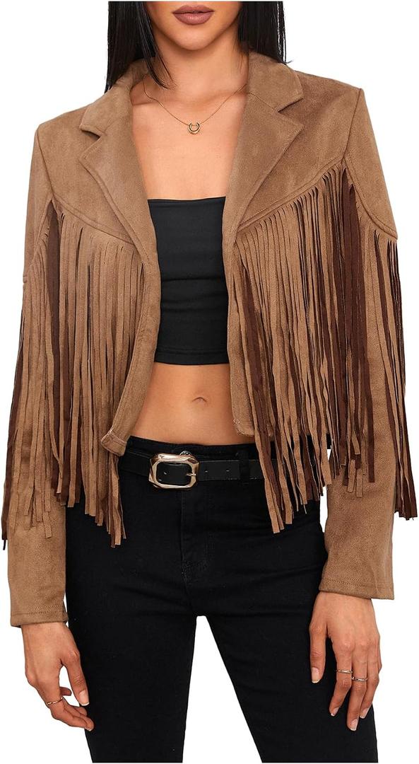 MakeMeChic Women's Faux Suede Tassel Cowgirl Motorcycle Coats Western Fringe Jackets 70s Hippie Costume Brown Small