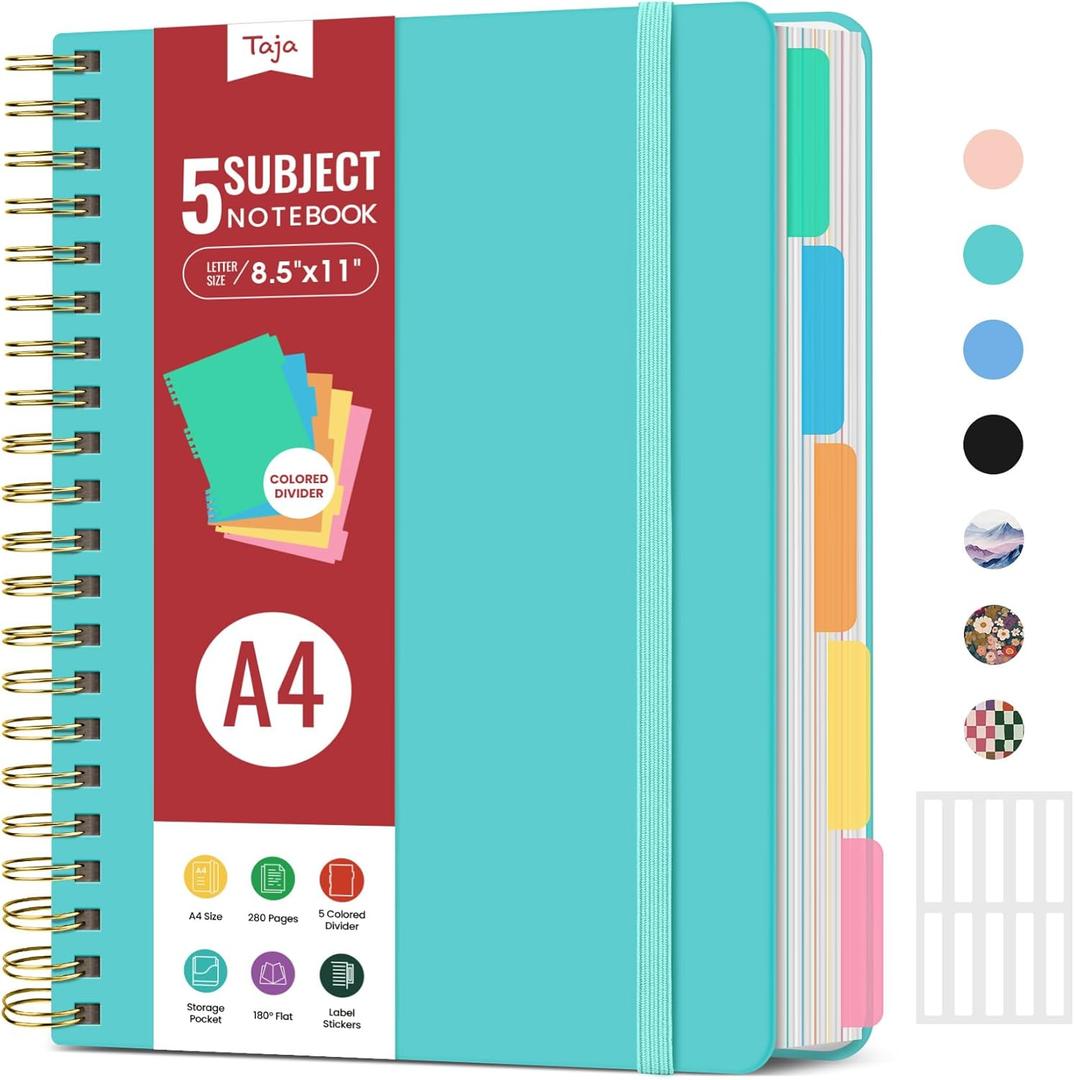 Large Spiral Lined Notebooks for Work With Removable Dividers & Tabs, 8.5"x11" Hardcover 5 Subject Notebook for Note Taking & Organizer, A4 College Ruled Journal for Women & Writing, Aquamarine, 280 Pages