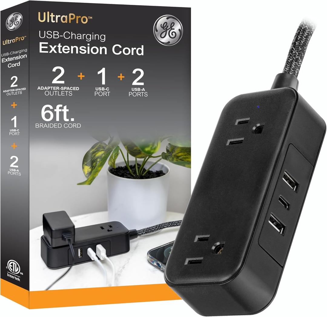 GE Flat Plug Power Strip Extension Cord with USB Ports, Travel Power Strip with 2 Outlets 3 USB Ports, Cruise Ship Essentials, 6 Ft Braided Small Extension Cord Flat Wall Plug, ETL Listed Black, 82586