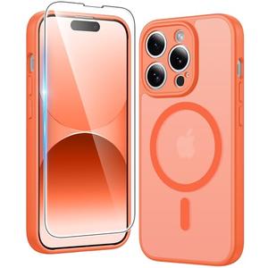 FNTCASE for iPhone 14 Pro Case: Matte Magnetic Phone Cases with Screen Protector Compatible with Magsafe Slim Anti Yellowing Rugged Shockproof Protective Translucent Cell Phone Cover (C-Orange)