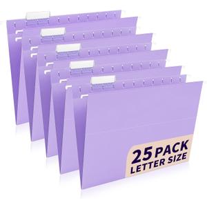 25-Pack Light Purple Hanging File Folders, Letter Size, Includes 35 Transparent Label Cards & 50 Sticker Labels,1/5-Cut Tabs for Home & Office Organization