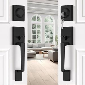 Black Double Front Door Lock Set, Matte Black Double Door Handle Set | , Exterior Door Handle with Deadbolt and Passage | Heavy Duty Front Door Hardware | Reversible Door Lever for Left/Right Door