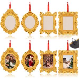 8 Pcs Mini Picture Frame Ornament for Christmas Tree Gold Vintage Photo Frames Antique Resin Oval Rectangle Tiny Ornamental with Hook and Ribbon for Xmas Tree Wall Decor (Classic)