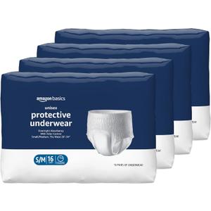 Amazon Basics Unisex Protective Underwear, Overnight Absorbency, Small/Medium, 64 Count, (4 Packs of 16)
