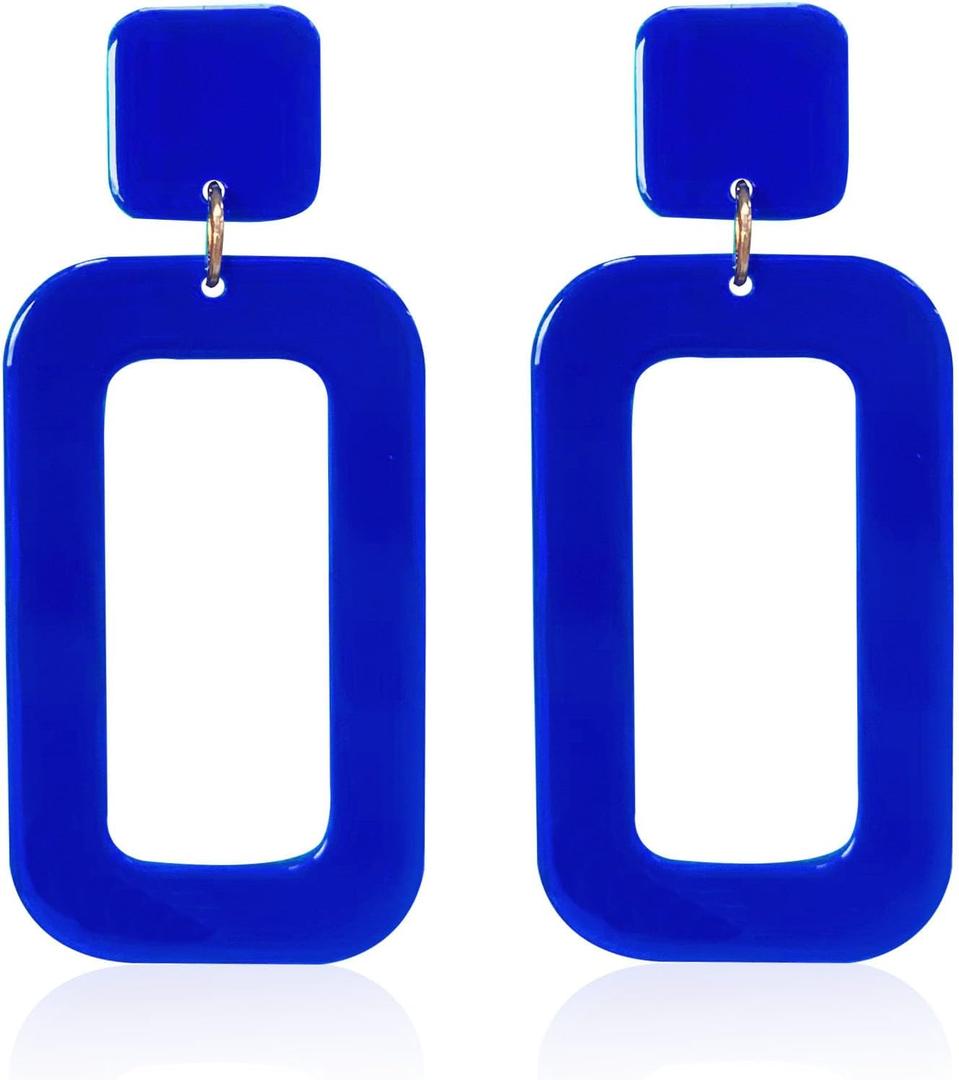 YUNXI 70s Vintage Minimalist Multicolor Acrylic Geometric Square Hollow Drop Dangle Neon Earrings Retro 80s Party Costume Accessory Jewelry for Women With Box (Royal Blue)