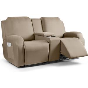 TAOCOCO Recliner Loveseat Cover with Middle Console 4 Pieces Recliner Sofa Cover Polyester Fabric Stretch Loveseat Reclining Sofa Covers (Taupe, 2 Seat Recliner Cover with Console)