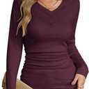 CiCiBird Women's V Neck Long Sleeve Blouse Lace Patchwork Slim Fit T Shirt Casual Fall Clothes (L)