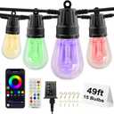 Voneta Outdoor RGBW String Lights, 49ft 15 Bulbs Patio Lights with Remote & APP, S14 Dimmable Color Changing IP68 Waterproof Dimmable LED Hanging for Garden Yard Porch Party