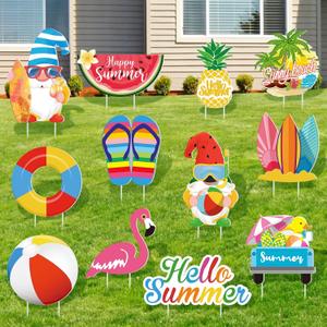 Vicenpal 12 Pcs Summer Outdoor Yard Decoration Garden Lawn Stake Signs with Stakes Waterproof Corrugated Outdoor Decoration for Summer Patio Lawn Walkway Party Decorations