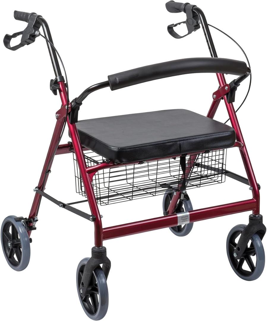DMI Extra-Wide Heavy Duty Steel Bariatric Mobility Rollator Walker with Seat and Basket, Burgundy, Folding