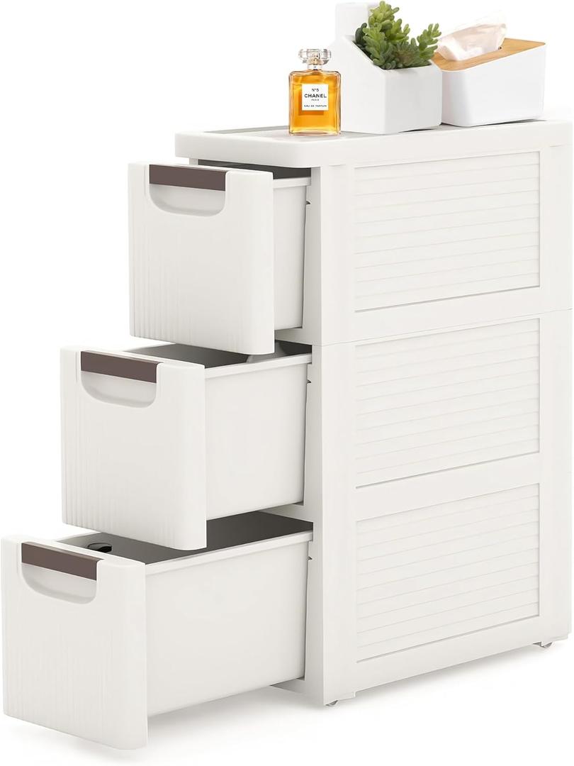 3 Drawers Slim Bathroom Storage Cabinet Dresser, Narrow Plastic Rolling Cart Organizer with Drawers, for Small Spaces, Kitchen, Laundry, Office, Bedroom, White (7.5"x16.5"xx22.2"(3-Drawer))
