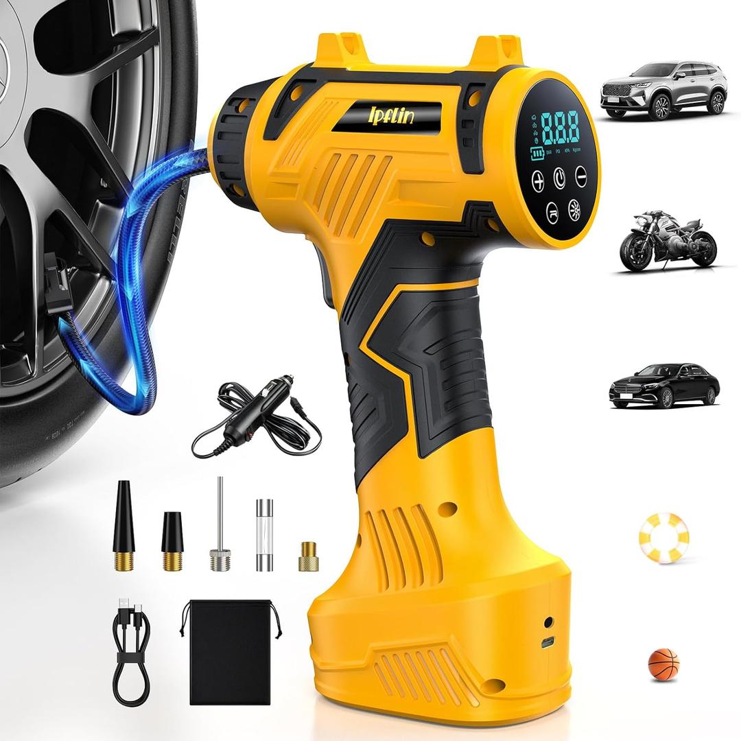 Tire Inflator Portable Air Compressor Built in  - Corded/Cordless Tire Inflator -   & 12V DC, Faster Inflation Handheld Air Compressor, 160PSI Air Pump for Car, SUV, Moto (Yellow Black)