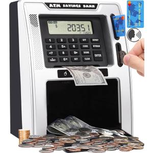 Fishboy Talking ATM Piggy Bank for Kids with Dual Debit Cards, Power-Off Memory, Auto-Opening Drawer for Real Money for Boys, Onekey Shutdown, Bill Feeder, Coin Recognition, Balance Calculator Machine (Black/Silver)