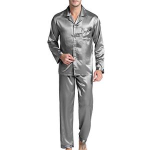 Sanraflic® Men's Satin Pajamas Long Button-Down Pj Set Sleepwear Loungewear (Gray, XL)