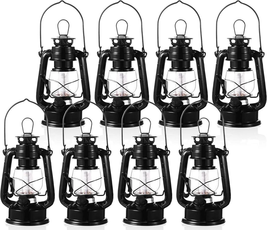 Hortsun 8 Pcs 8 Inch Vintage LED Hurricane Lantern Metal Black Outdoor Battery Operated Hanging Lantern with Warm LEDs and Dimmer Switch for Indoor Rustic Farmhouse Country Camping Decor