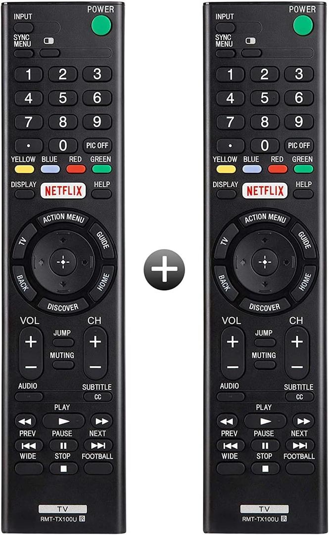 Ogilly RMT-TX100U Replacement Remote Control for Sony TVs, Bravia, 4K UHD LCD LED HD Smart TVs with Netflix Shortcut Buttons, Black (Pack of 2)