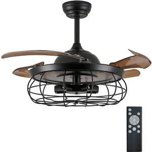 DuMaiWay 48" Retractable Ceiling Fans, Fandelier Industrial Caged Ceiling Fan with Remote Controller Vintage Style for Farmhouse/Living Room/Bedroom/Restaurant 5 Lights 4 Fan Blades