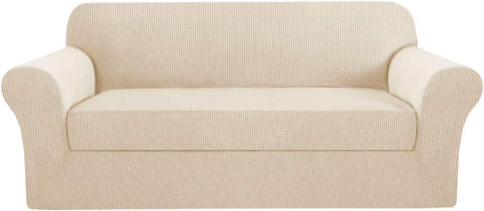 H.VERSAILTEX 2 Piece Sofa Slipcovers Couch Cover High Stretch Cover for Sofa Suit for T Cushion/Box Cushion, Spandex Jacquard Fabric Furniture Protector - Sofa 72"-88" - Natural
