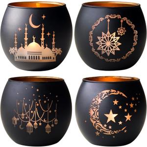 Ramadan Table Decor 4 Pcs, Elegant Black & Gold Glass Tealight Candle Holders, Votive Candle Holders Ramadan Decorations for Home, Eid Mubarak Decorations, Islamic Gifts for Home
