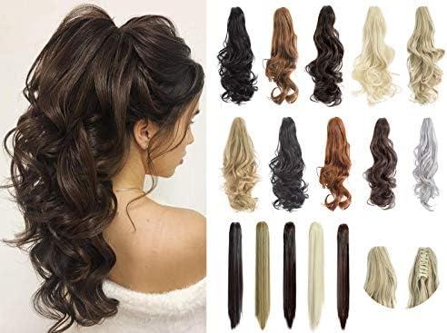 FELENDY Ponytail Extension Claw 18" 20" Curly Wavy Straight Clip in Hairpiece One Piece A Jaw Long Pony Tails for Women Ash Blonde Mix Ginger Brown