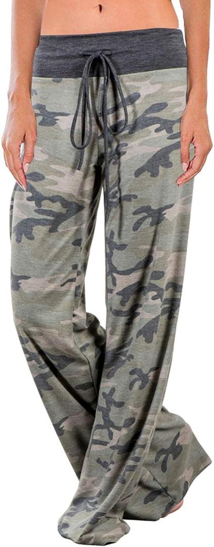 AMiERY Women's Comfy Casual Pajama Pants Floral Print Drawstring Palazzo Lounge Pants Wide Leg (Large, Camo)
