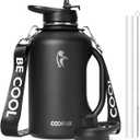 Half Gallon Water Bottle with Handle, Coolflask 64 oz Insulated Stainless Steel Water Jug Metal Double-Walled Vacuum Large Flask With Strap Straw Leakproof, Keep Cold 48 Hrs Hot 24hrs, Magic Black