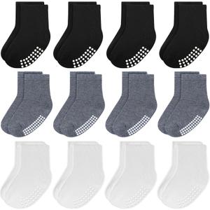 JAKIDAR 12 Pack Baby Toddler Socks Non Slip Grip Cotton Crew Socks for Boys Girls Infants Kids (Black/Gray/White)