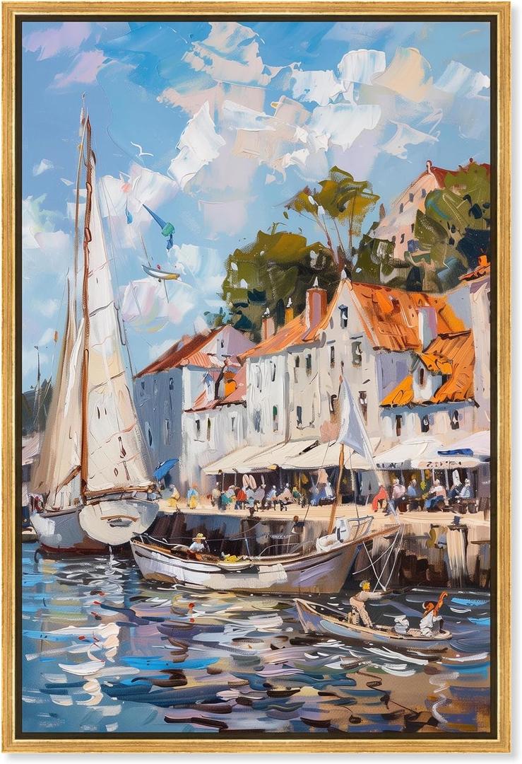 Art Remedy Docked by the Town Canvas Monet Coastal, Gold Frame, 20" x 30"