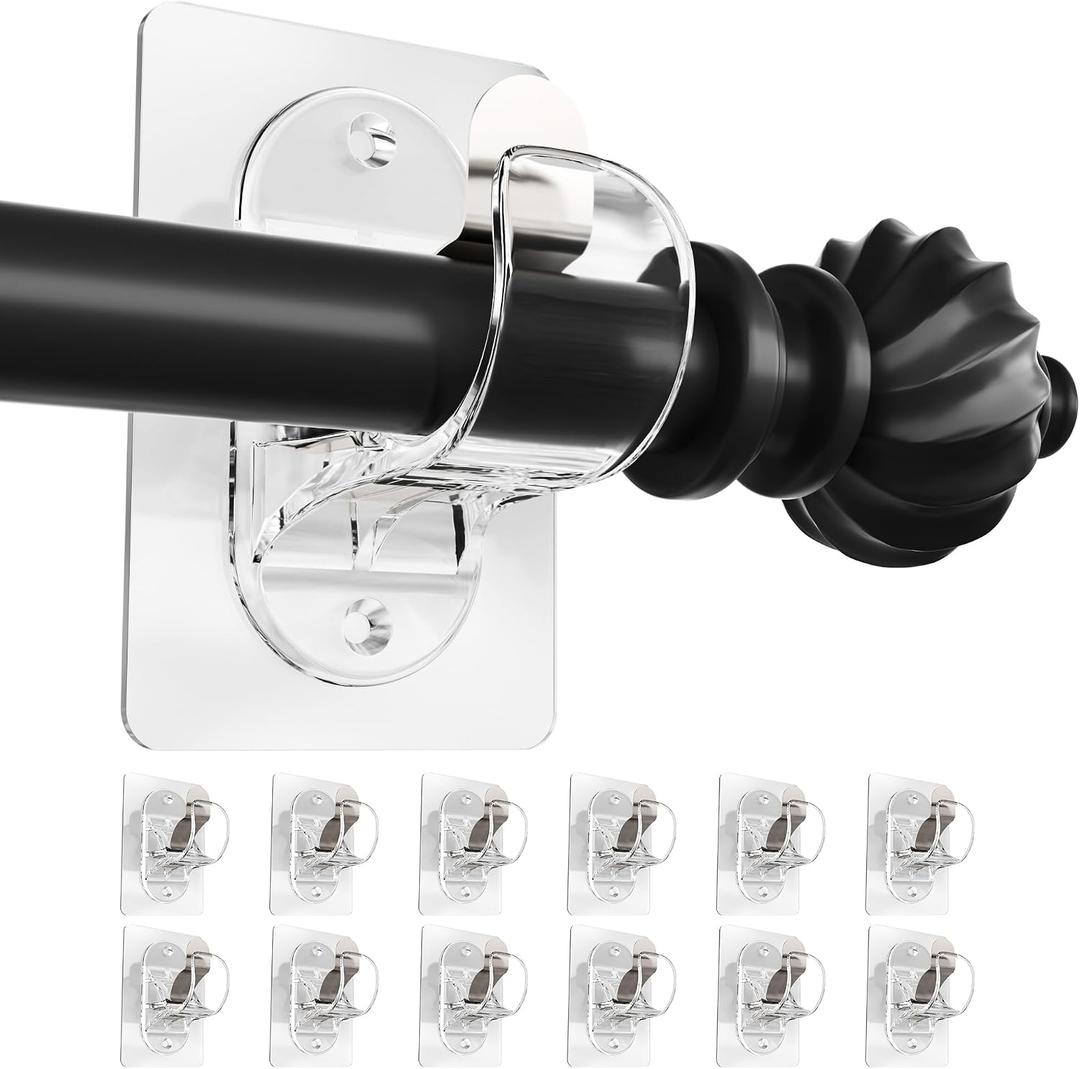 Curtain Rod Holders No Drilling, (12-Pack) No Screw Self Adhesive Curtain Rod Brackets, Nail-Free Adjustable Curtain Rod Hooks, Stick on Wall Hanging Hold Up to 20lbs