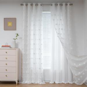 MYSKY HOME Kids Curtains for Girls Bedroom Double Layer Curtain for Daughter Room 84 Inches Long Pom Pom Sheer Drapes White Curtains for Living Room Grommet Room Darkening Panels W52 X L84