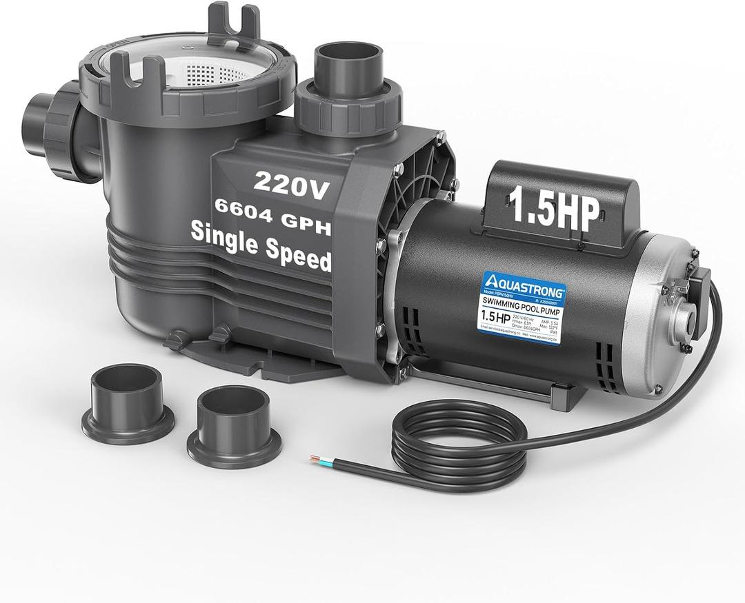 Aquastrong Riptide Series 1.5 HP In/Above Ground Pool Pump, 220V Single Speed, Up to 6,604 GPH High Flow, Pure Copper Motor, Energy Efficient, Self Priming with Filter Basket