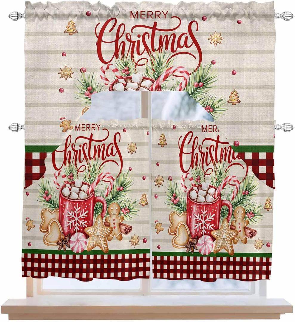 Swag Valances for Kitchen 3PCS, Christmas Hot Cocoa Cotton Candy Gingerbread Man Pole Pocket 1 Swag Valance and 2 Tiers Small Windows Treatment Curtain Panel Set for Cafe Bathroom Dining Room