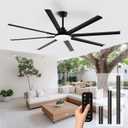 Modern Ceiling Fans with Lights, 84 Inch Ceiling Fan with Light and Remote,Living Room Library Cafe Outdoor/Industrial, 36W 3CCT, 8 Aluminum Blades 6 Speed Reversible Quiet DC Motor, Black