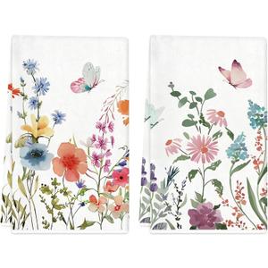 TAJWE Spring Kitchen Towels 18x26 Inch Set of 2 Watercolor Anemone Flower Butterfly Dish Towels Farmhouse Summer Holiday Wild Floral Absorbent Decorative Hand Towels for Kitchen Bathroom Decoration