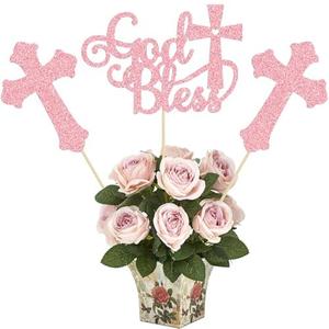 Gyufise 12Pcs God Bless and Cross Centerpiece Sticks Double Sided Cross God Bless Table Flower Centerpieces Sticks First Communion Baptism Decorations for God Bless Theme Party Supplies Pink