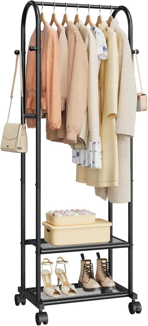 Sakugi Heavy Duty Premium Clothes Rack with 2-Tier Mesh Shoe Shelves & 4 Hooks, Lockable Wheels, Space-Saving, Multi-Functional for Bedroom, Entryway, Closet, Modern Design, 18.4" x 12.6" x 72", Black